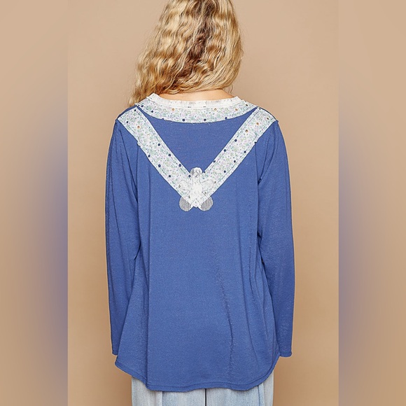 #014 Last 1! POL Blue Floral Lace Patch Long Sleeve - Picture 4 of 5